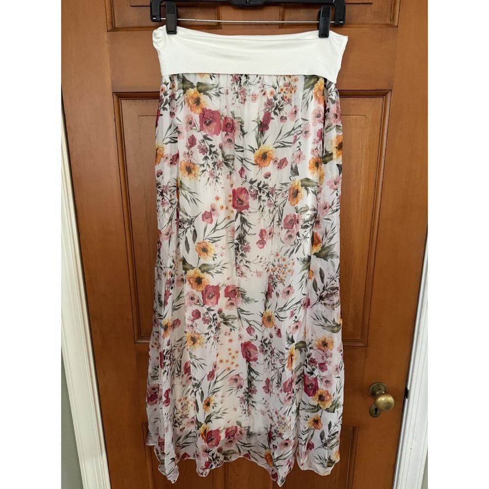 Women's Elena Baldi Made In Italy Silk Blend Ivory Floral Maxi Skirt Size Small